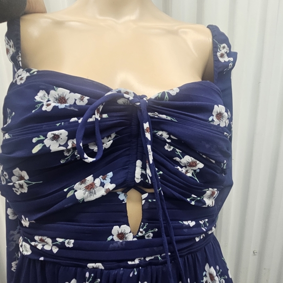 Self Portrait Pansy Midi Dress in Dark Navy Print Chiffon Cut Out